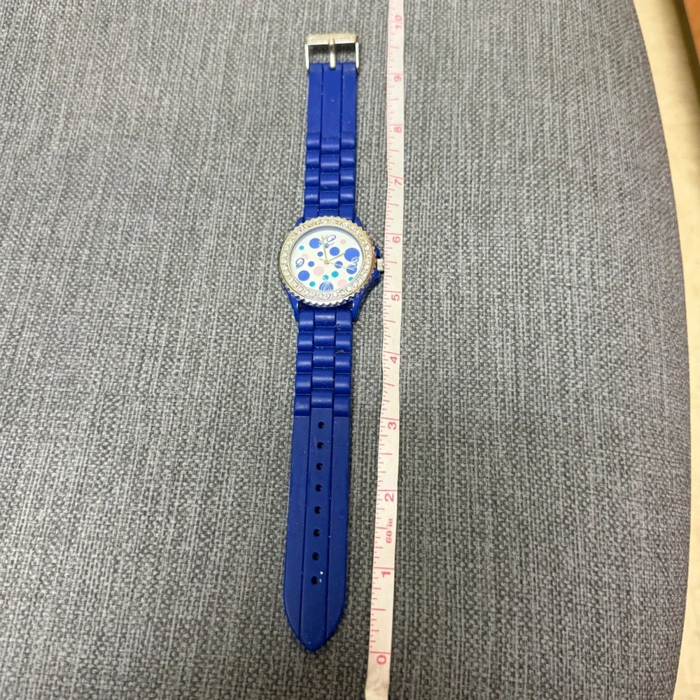GT Blue Silicone Polka Dot Watch Rhinestone Bezel Japan Movement WORKS